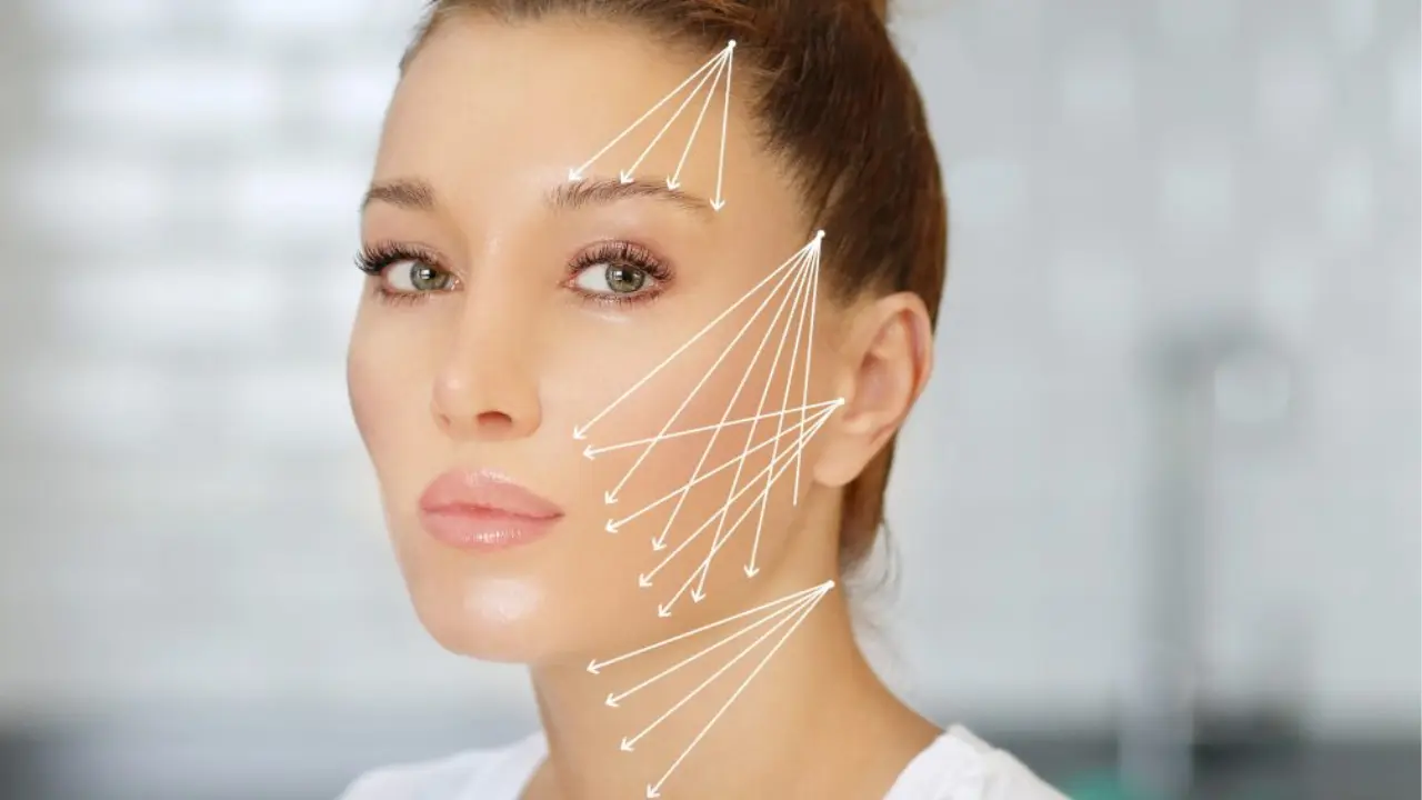 Image showing minimally invasive treatment using dissolvable threads to lift and tighten sagging skin, stimulating collagen for long-term rejuvenation.